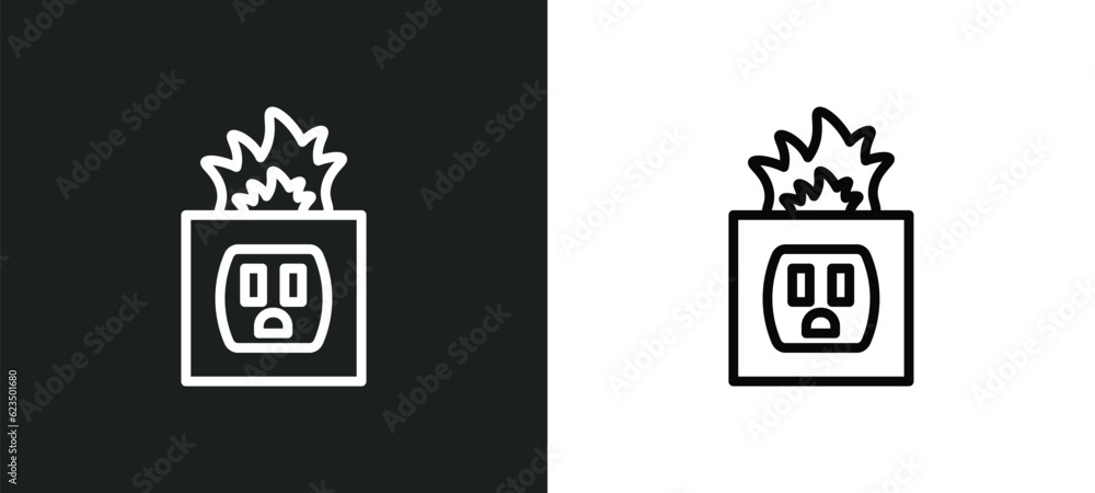 electric socket on fire icon isolated in white and black colors. electric socket on fire outline vector icon from technology collection for web, mobile apps and ui.