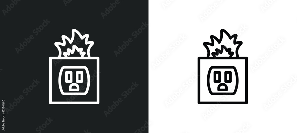 electric socket on fire icon isolated in white and black colors. electric socket on fire outline vector icon from technology collection for web, mobile apps and ui. electric socket on fire icon isolated in white and black colors. electric socket on fire outline vector icon from technology collection for web, mobile apps and ui.