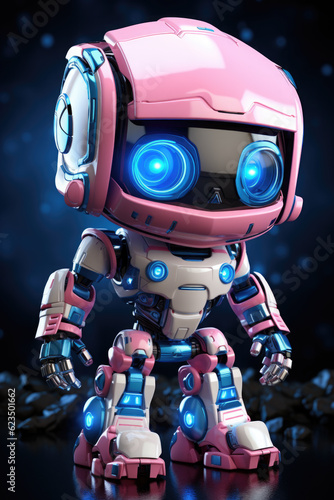 A pink robot with blue eyes standing on a black surface. Generative AI. © Friedbert