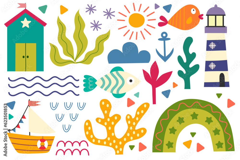 Summer design elements, house beach, rainbow, fish, lighthouse, seaweed, boat, star. Colorful shape doodle collection. Funny basic shapes, random childish doodle cutouts hand and decorative abstract 