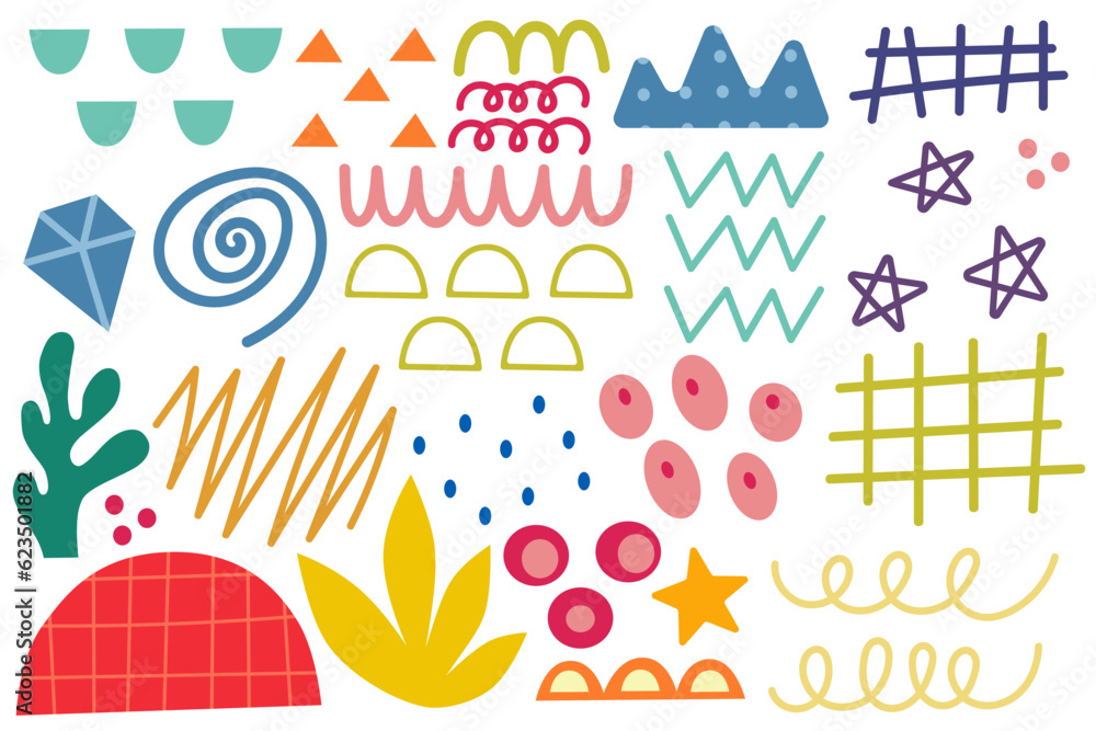 Summer design elements. Colorful shape doodle collection. Funny basic shapes, random childish doodle cutouts hand and decorative abstract art on isolated background.	
