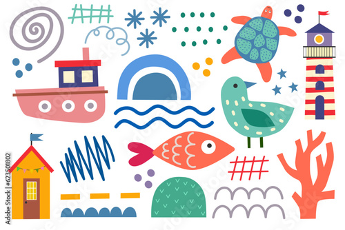 Summer design elements  house beach  rainbow  fish  lighthouse  boat  bird  shell  star. Colorful shape doodle collection. childish doodle cutouts hand and decorative abstract art.