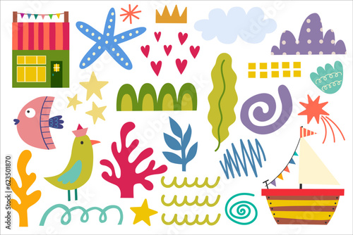 Summer design elements, house beach, fish, bird, boat, seaweed, shell, star. Colorful shape doodle collection. Funny basic shapes, random childish doodle cutouts hand and decorative abstract art