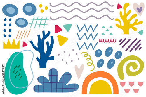 Summer design elements. Colorful shape doodle collection. Funny basic shapes  random childish doodle cutouts hand and decorative abstract art on isolated background. 
