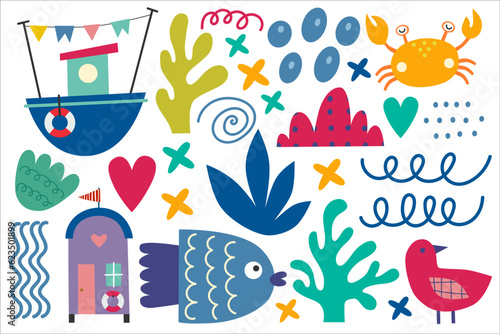 Summer design elements, house beach, fish,boat, bird, seaweed, shell, star. Colorful shape doodle collection. Funny basic shapes, random childish doodle cutouts hand and decorative abstract art
