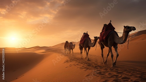 Caravan in the desert in the rays of the sun at sunset. Delivery of goods and cargo to cities where there are no roads.