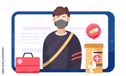 Tablet screen with a picture of a masked man, a container with pills and a red first aid kit. Photo of a guy during quarantine with text on the background. Preventing the spread of a disease