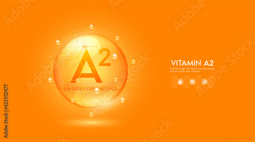 Vitamin A2 orange solution or 3,4-Didehydroretinol. Innovation repair maintain bright skin care anti aging. Vitamins complex and collagen serum. For medical beauty nutrition cosmetic design. Vector.