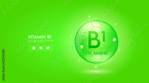 Vitamin B1 green solution or Thiamine. Innovation repair maintain bright skin care anti aging. Vitamins complex and collagen serum. For medical beauty treatment nutrition cosmetic design. Vector.