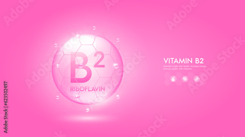 Vitamin B2 pink solution or Riboflavin. Innovation repair maintain bright skin care anti aging. Vitamins complex and collagen serum. For medical beauty treatment nutrition cosmetic design. Vector.