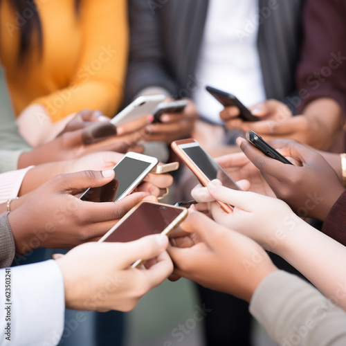 close up of people using smartphone, Affirmative action as diversity inclusion or equal opportunity as policies for employment equity quota systems for minority groups for fairness and social justice 