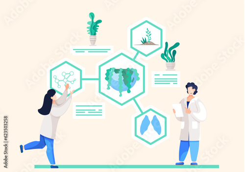 Laboratory assistants conduct experiments with plants, study the impact on the environment and on the human body. Ecological researcher analyzing test data. Scientist holding a paper report