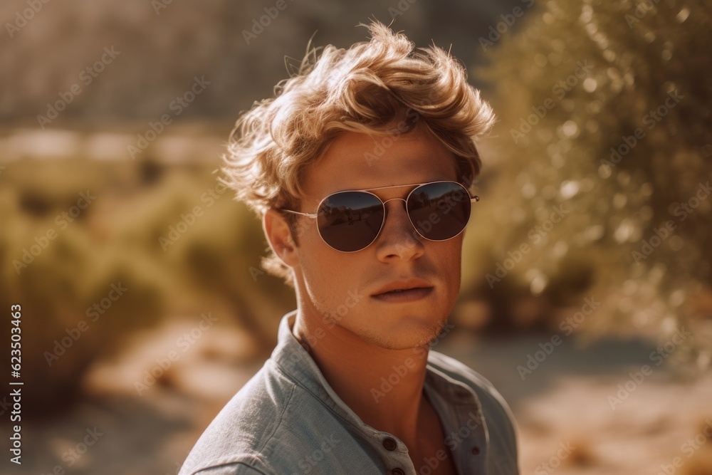 Close-up portrait photography of a glad boy in his 30s wearing a trendy sunglasses against a picturesque desert oasis background. With generative AI technology Close-up portrait photography of a glad boy in his 30s wearing a trendy sunglasses against a picturesque desert oasis background. With generative AI technology