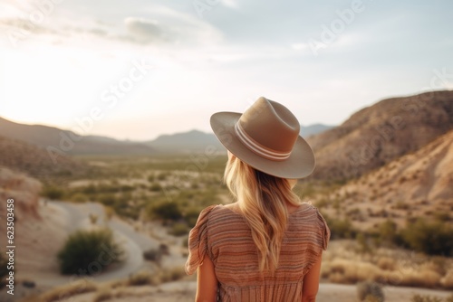 Photography in the style of pensive portraiture of a happy girl in her 30s wearing a stylish sun hat against a picturesque desert oasis background. With generative AI technology