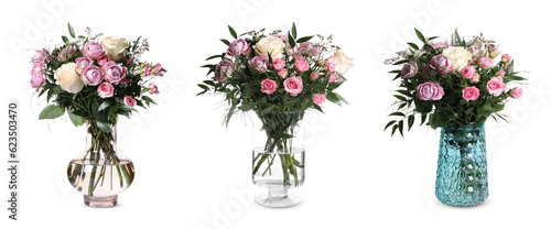 Collage of stylish vases with beautiful bouquets on light background. Banner design