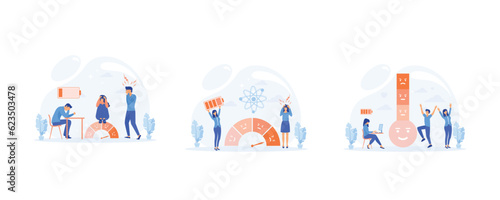 People are on the mood scale, stress rate, Tired Exhausted Overworked and Happy, Fully charged active mentally healthy employee, set flat vector modern illustration 