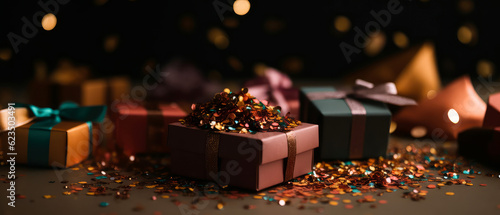 Close-up of gift boxes, colorful confetti, sparkles.Happy Holidays composition.Celebration background.  Flat lay. Top view. cover for social networks, shopping mockup.Generative Ai © Inai