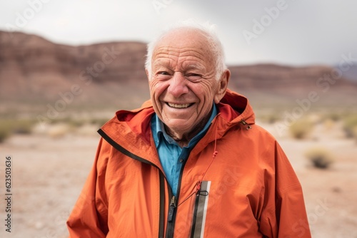 Studio portrait photography of a joyful old man wearing a lightweight windbreaker against a picturesque desert oasis background. With generative AI technology © Markus Schröder