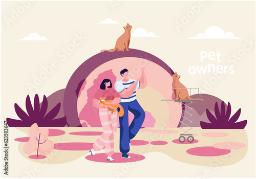Couple walking with cat holding it. Man and woman strolling sunny summer day in the city park. Ginger cat looks at happy pet owners. People with kitten together outdoor pink colour vector illustration