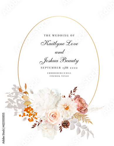 Rust orange and blush pink antique rose, beige and pale flowers, creamy dahlia, pampas grass, peony, magnolia