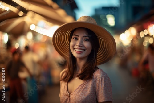 Medium shot portrait photography of a satisfied girl in her 30s wearing a stylish sun hat against a lively night market background. With generative AI technology