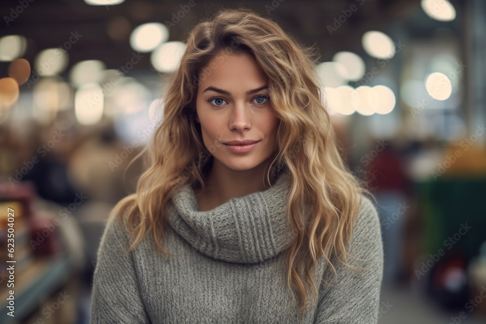 Close-up portrait photography of a glad girl in her 30s wearing a cozy sweater against a bustling indoor market background. With generative AI technology