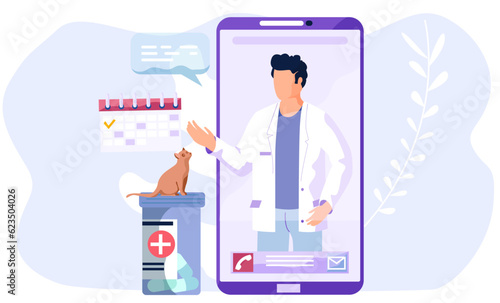 Online veterinarian consultation. Veterinary doctor appointment. Modern healthcare technologies, mobile application. Animal hospital. A cat sitting on container with pills looking at male doctor