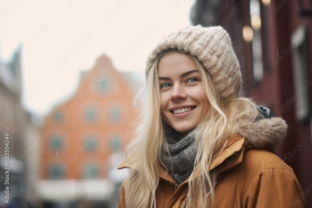 Close-up portrait photography of a grinning girl in her 30s wearing a warm parka against a picturesque old town background. With generative AI technology Close-up portrait photography of a grinning girl in her 30s wearing a warm parka against a picturesque old town background. With generative AI technology