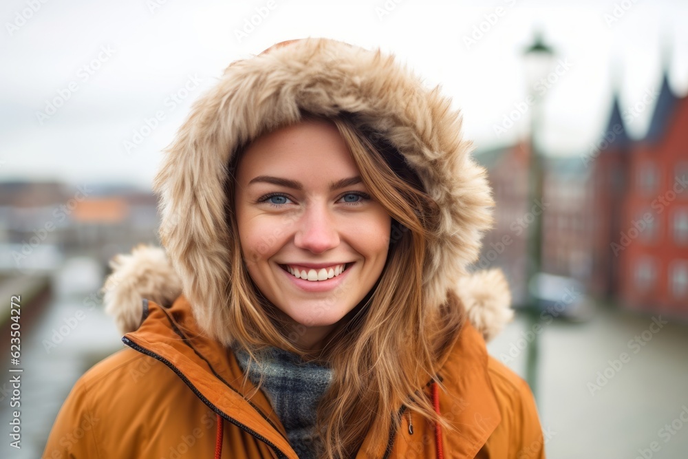 Close-up portrait photography of a grinning girl in her 30s wearing a warm parka against a picturesque old town background. With generative AI technology Close-up portrait photography of a grinning girl in her 30s wearing a warm parka against a picturesque old town background. With generative AI technology