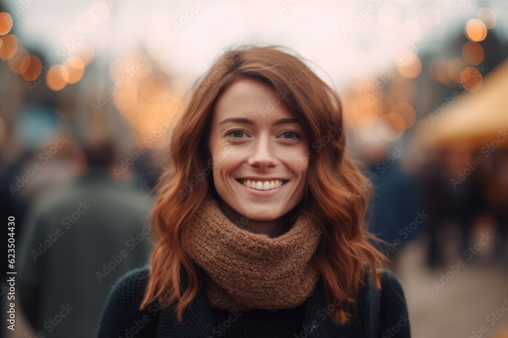 Close-up portrait photography of a glad girl in her 30s wearing a classic turtleneck sweater against a lively festival ground background. With generative AI technology Close-up portrait photography of a glad girl in her 30s wearing a classic turtleneck sweater against a lively festival ground background. With generative AI technology