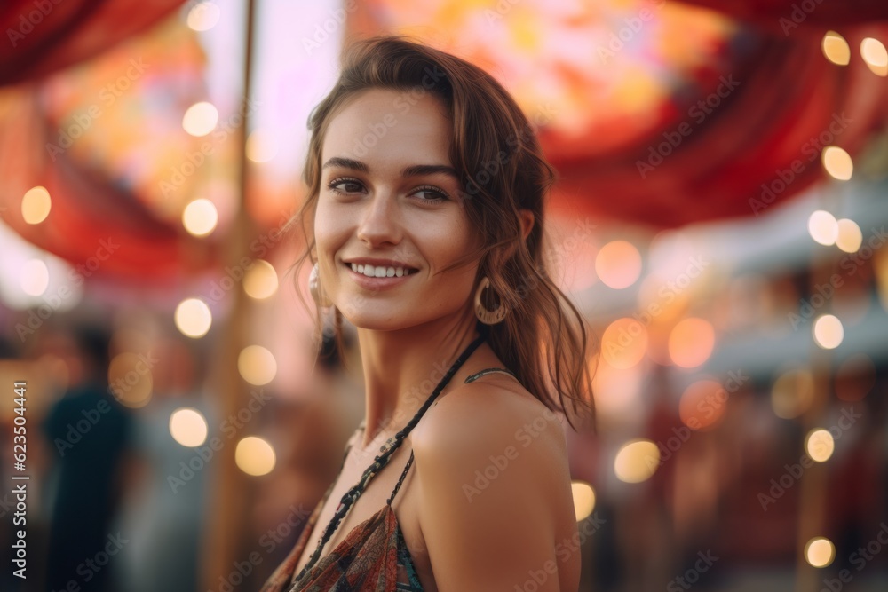 Close-up portrait photography of a glad girl in her 30s wearing a intimate apparel against a lively festival ground background. With generative AI technology