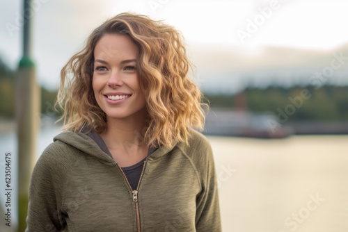 Lifestyle portrait photography of a glad girl in her 30s wearing a cozy zip-up hoodie against a peaceful riverside walk background. With generative AI technology Free Download Lifestyle portrait photography of a glad girl in her 30s wearing a cozy zip-up hoodie against a peaceful riverside walk background. With generative AI technology - GFXLoad