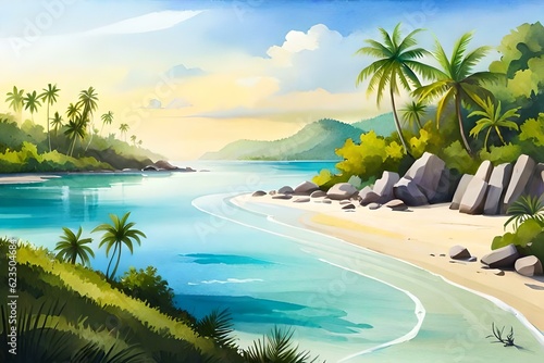 beach with palm trees**An enchanting coastal scene with crashing waves against towering cliffs, a hidden cave entrance leading to a mysterious underwater world, sunlight breaking through the clouds, h