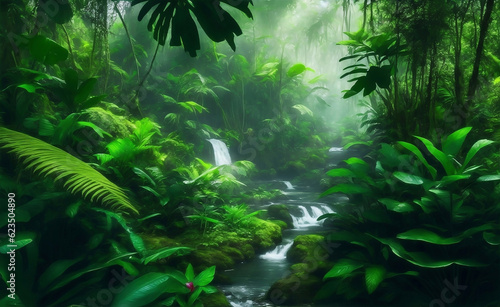 Green beautifull jungle background  Generative AI Illustration.