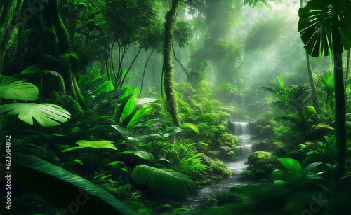 Green beautifull jungle background, Generative AI Illustration.