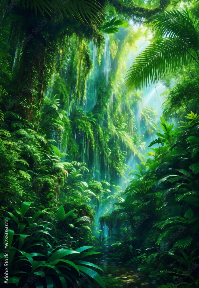 Green beautiful jungle background, Generative AI Illustration. Green beautiful jungle background, Generative AI Illustration.