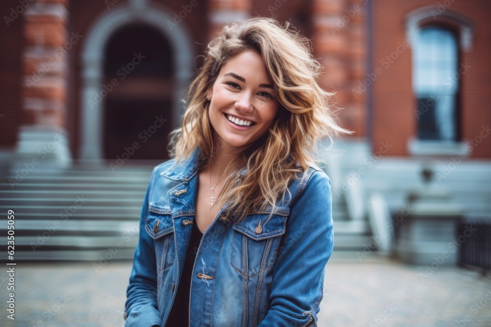 Fototapeta premium Lifestyle portrait photography of a glad girl in her 30s wearing a denim jacket against a historic museum background. With generative AI technology