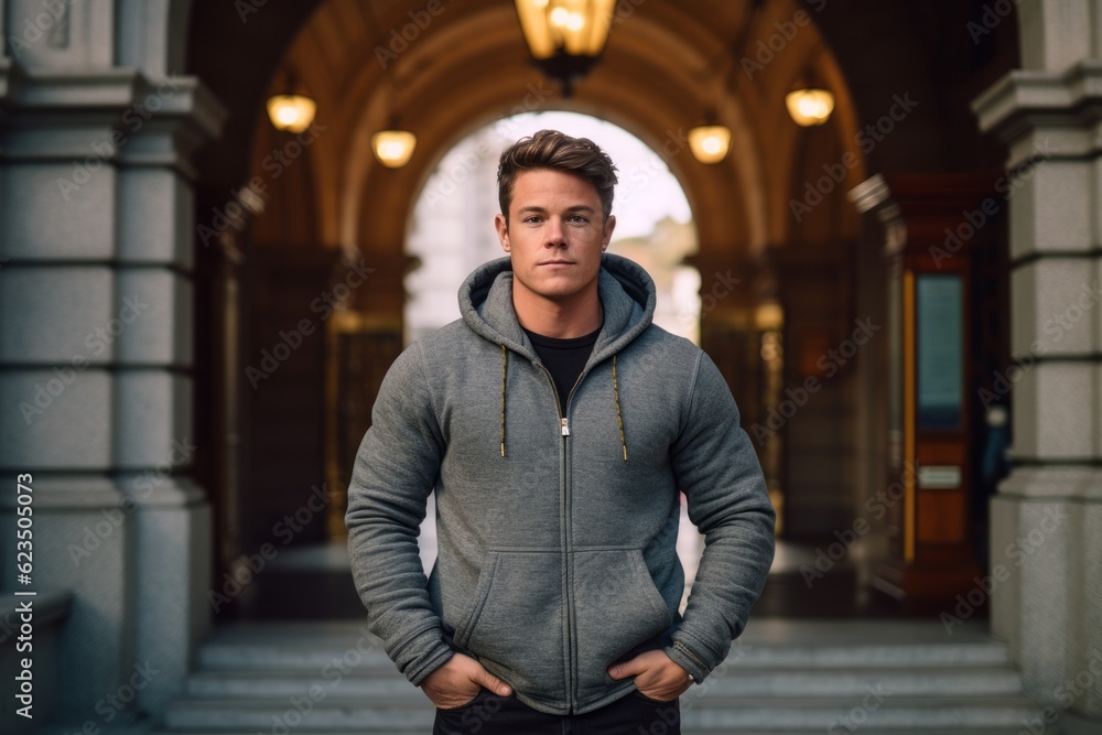Editorial portrait photography of a glad boy in his 30s wearing a cozy zip-up hoodie against a historic museum background. With generative AI technology
