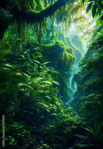 Green beautiful jungle background  Generative AI Illustration.