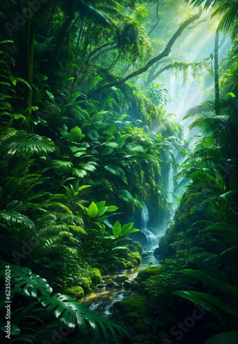 Green beautiful jungle background  Generative AI Illustration.