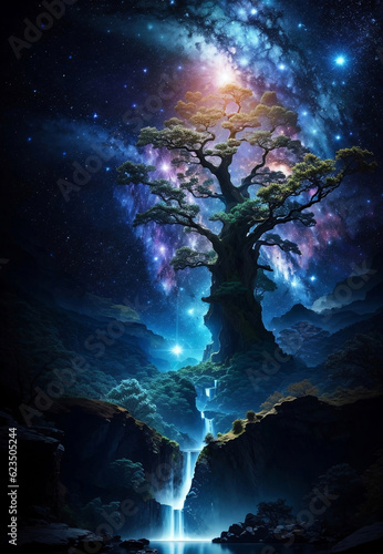 A magical tree of life in outer space, Generative AI Illustration. © Creative_Bringer