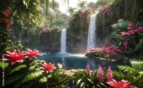 A waterfall in forest with blooming flowers, Generative AI Illustration.