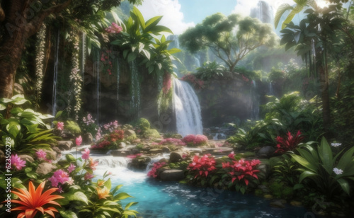 A waterfall in forest with blooming flowers, Generative AI Illustration.