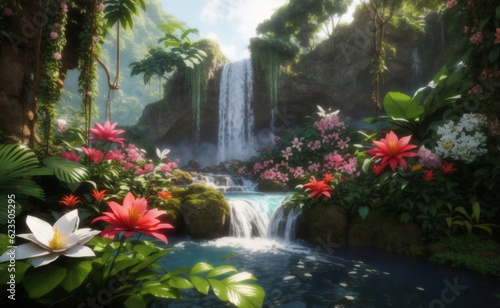 A waterfall in forest with blooming flowers, Generative AI Illustration.