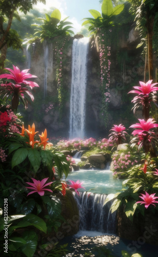 A waterfall in forest with blooming flowers  Generative AI Illustration.