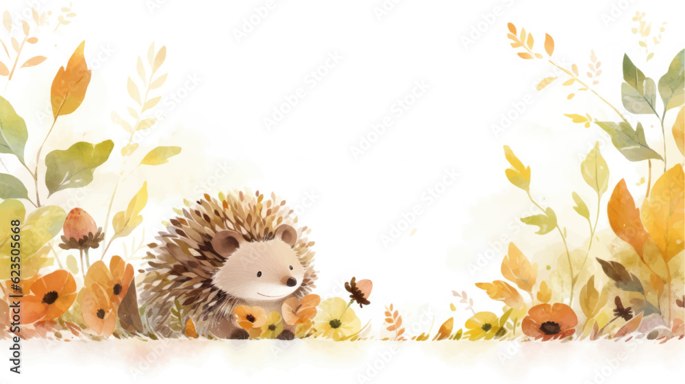 Cute hedgehog in autumn leaves. Watercolor illustration. - obrazy, fototapety, plakaty 