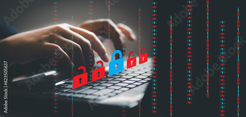 Photography security hack Threats of data leaks and system security Red open key surrounded by blue closed Close the problem solving gap