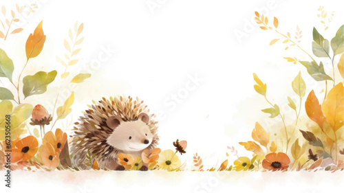 Cute hedgehog in autumn leaves. Watercolor illustration.