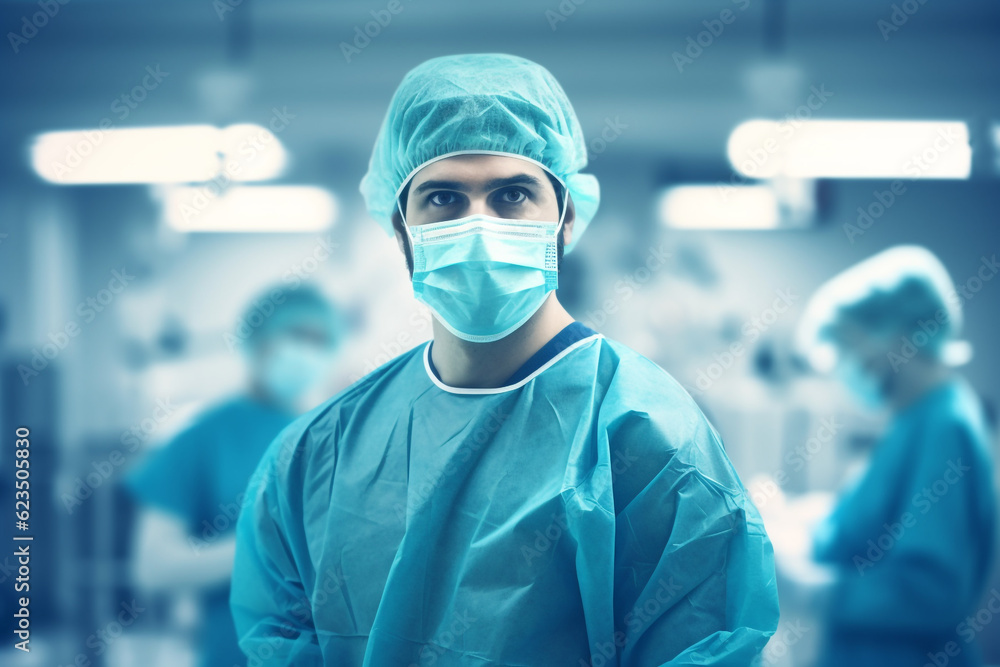 Health care and medicine concept. Close-up portrait of doctor man with surgical or medicine mask looking at camera. Model wearing medicine clothes. Generative AI Health care and medicine concept. Close-up portrait of doctor man with surgical or medicine mask looking at camera. Model wearing medicine clothes. Generative AI