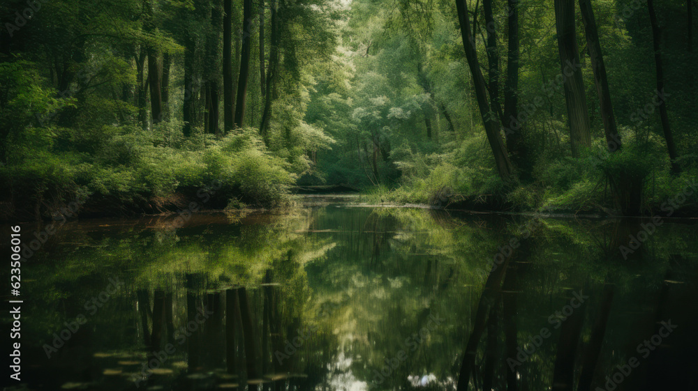 Green forest reflected in the pond Generative AI Green forest reflected in the pond Generative AI
